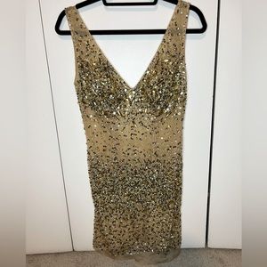 JOVANI GOLD AND PEWTER SEQUIN AND RHINESTONE BACKLESS MINI DRESS SIZE 10